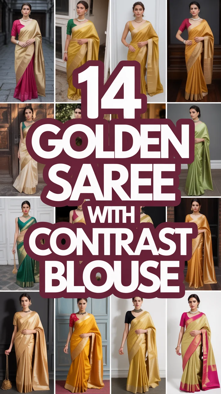 ✨ 14 Golden Saree With Contrast Blouse